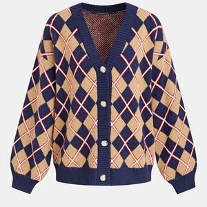 Cupshe Navy and Tan Gold Argyle Cardigan Varsity Sweater Preppy Size Small Nwt